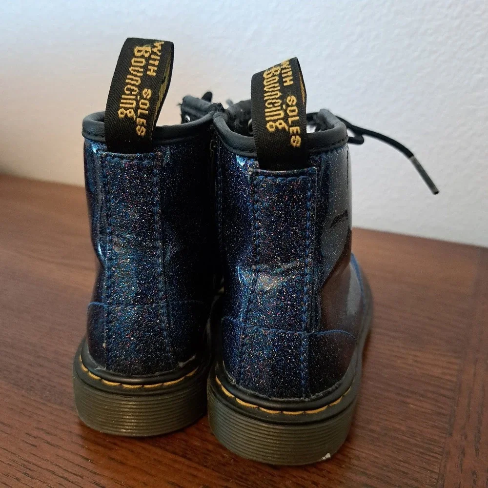 Dr. Martens Delaney Blue Glitter Lace Up Side Zip Ankle Boots Kids 8 UK 9 US